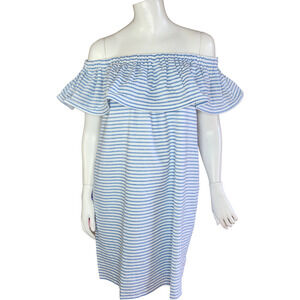 Revolve Line & Dot Dress Womens Large Lea Blue White Stripe Off Shoulder Ruffle
